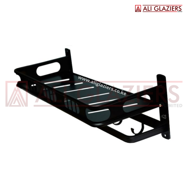 ALUMINIUM SHELF WITH TOWEL BAR AND HOOKS - BLACK