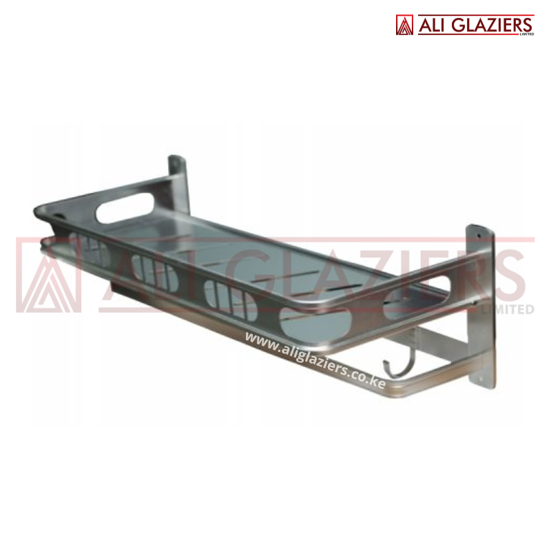 ALUMINIUM SHELF WITH TOWEL BAR AND HOOKS - SILVER