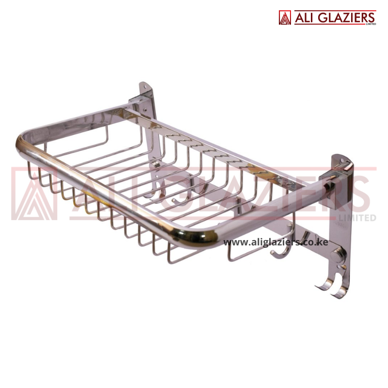 FOLDABLE TOWEL RACK WITH SHELF + BAR + HOOKS 60CM