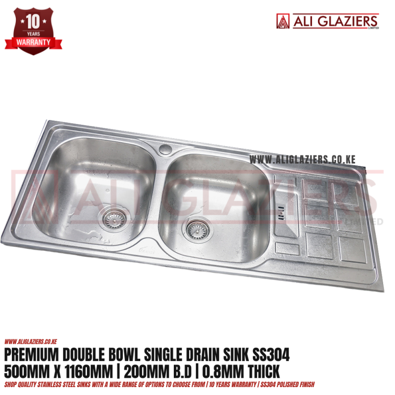 PREMIUM DOUBLE BOWL WITH DRAIN SINK SS304 (500X1160)