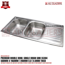 PREMIUM DOUBLE BOWL WITH DRAIN SINK SS304 (500X1160)
