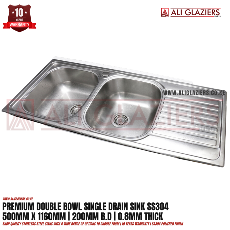PREMIUM DOUBLE BOWL WITH DRAIN SINK SS304 (500X1160)