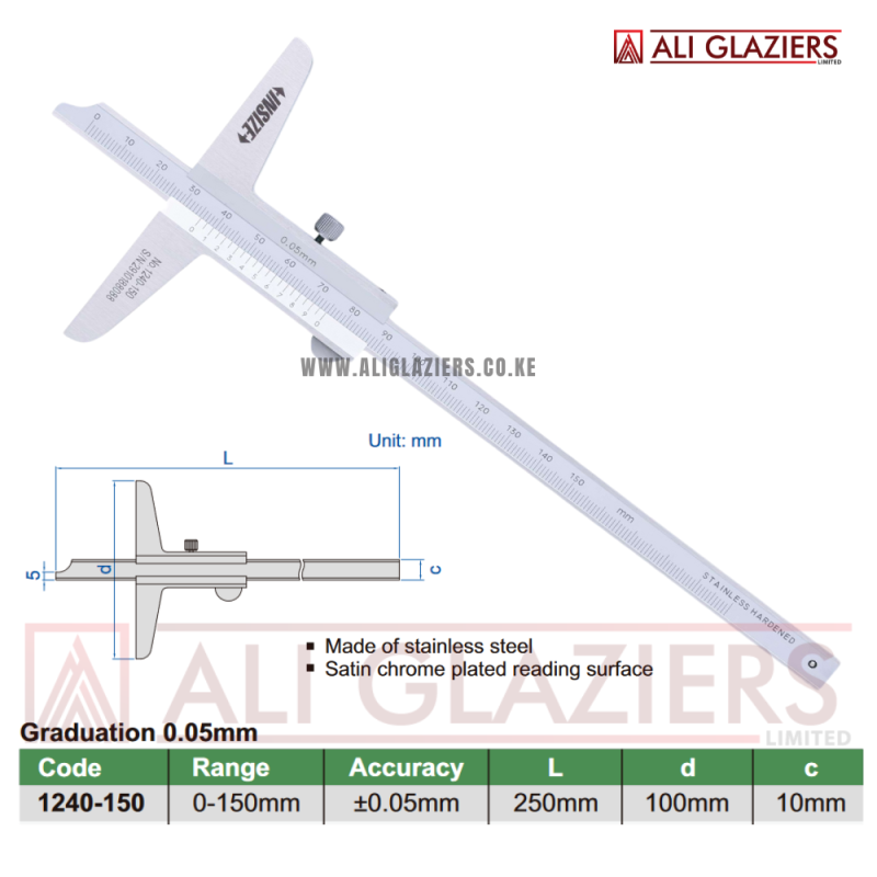 INSIZE VERNIER DEPTH GAGE 0-150MM (BASE 100MM)