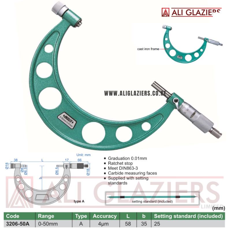INSIZE OUTSIDE MICROMETER + ANVILS 0-50MM