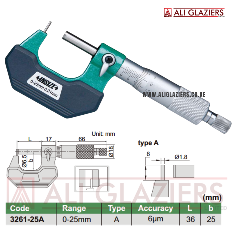 INSIZE CYLINDRICAL ANVIL TUBE MICROMETER 0-25MM