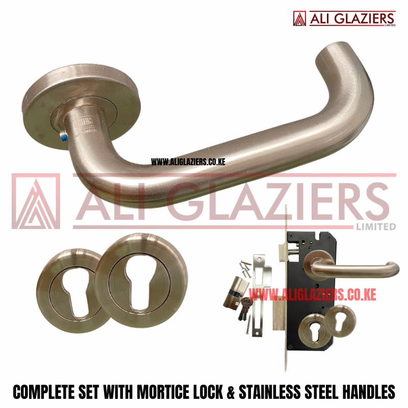UNION STAINLESS STEEL LEVER HANDLE ON ROSE COMPLETE LOCKSET